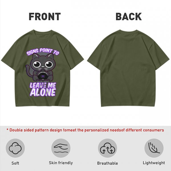 Olive t-shirt with a black cat holding a magic 8 ball and text 'Signs Point To Leave Me Alone'
