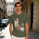 Olive green graphic tee with a sloth relaxing between anthropomorphic coffee mugs