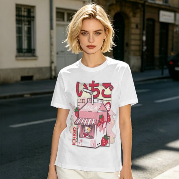 Olive T-Shirt with Strawberry Milk Carton Cat Shop Graphic