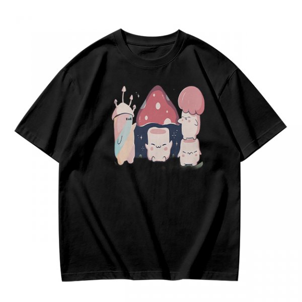 Olive Green T-Shirt With Cute Mushroom Creature Graphic