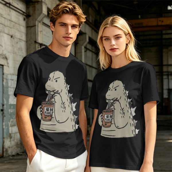 Olive T-Shirt Featuring Godzilla Eating Ramen