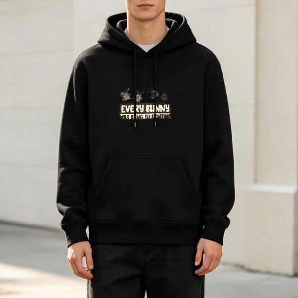 Black hoodie with 'Every Bunny' graphic print