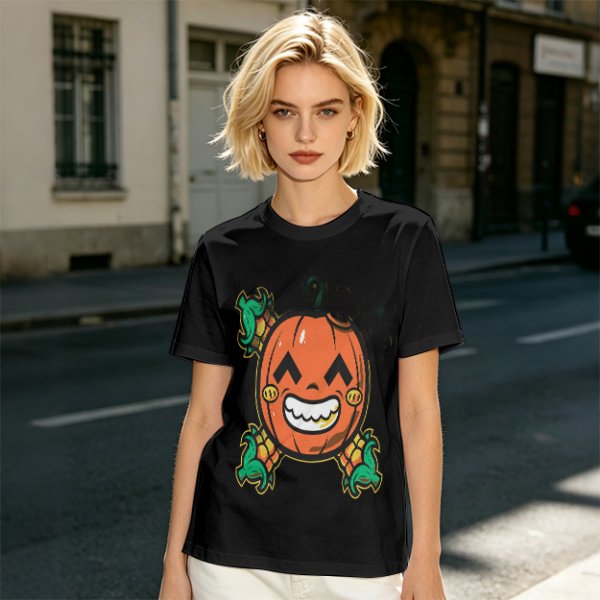 Olive T-Shirt with Smiling Pumpkin Corn Crossbones Graphic