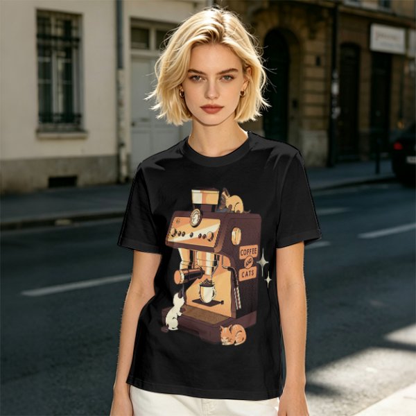 Olive t-shirt with espresso machine and cats graphic