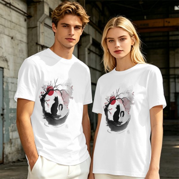Olive T-Shirt with Japanese Style Cat and Red Sun Art Print