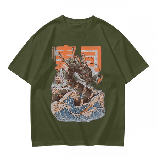 Olive T-shirt with Sushi Dragon Wave Graphic Print