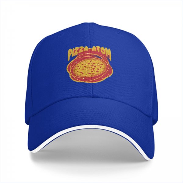Black baseball cap with pizza atom graphic and text