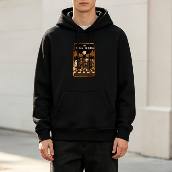 Black hoodie with Halloween trick or treaters Abbey Road style graphic