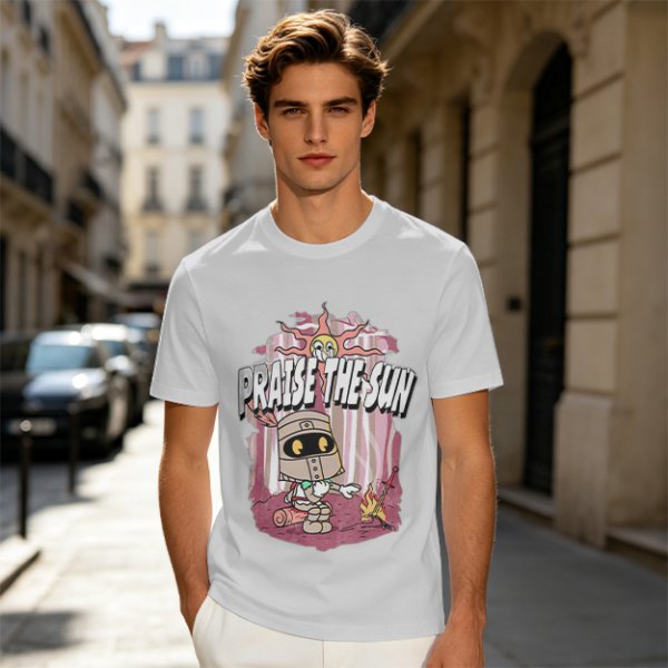 Olive t-shirt with cartoon knight 'Praise the Sun' graphic