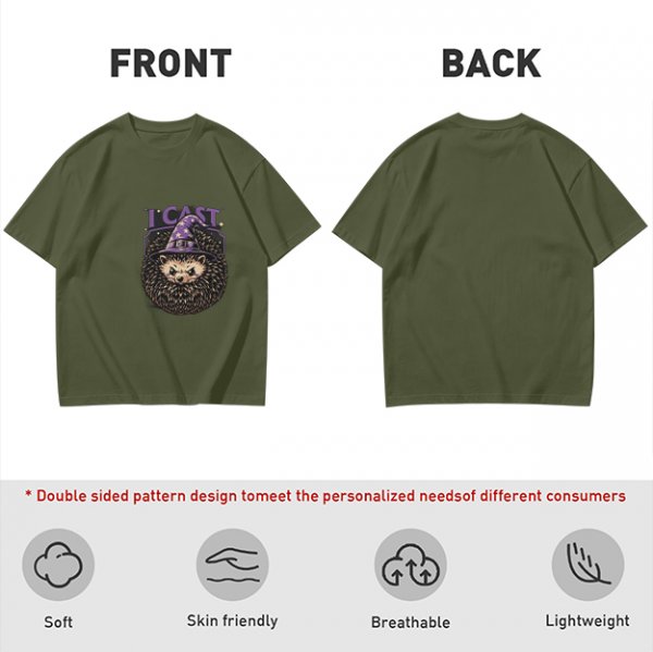 Olive green t-shirt with a hedgehog wizard graphic and 'I CAST' text