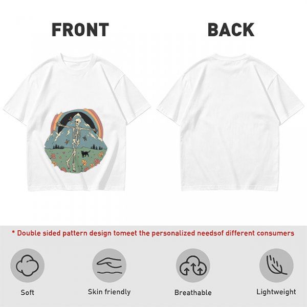 Olive T-shirt with Dancing Skeleton Mountain Rainbow Cat Graphic