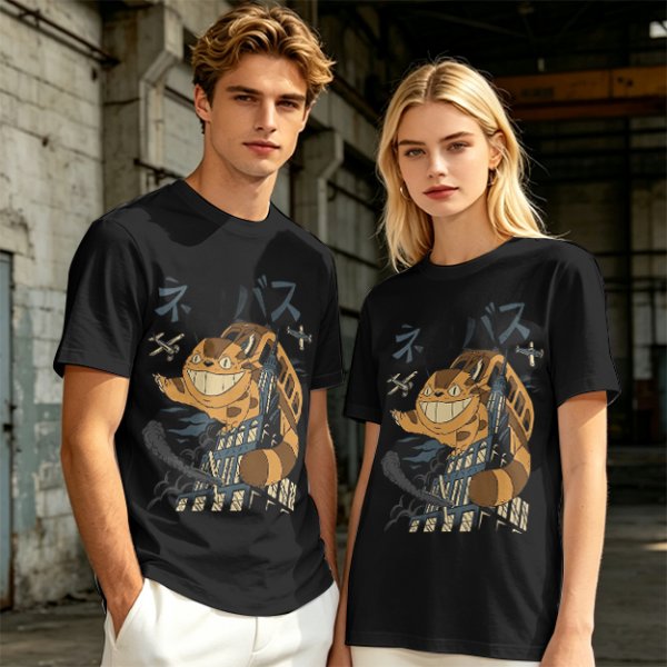 Olive T-shirt with giant cat bus monster and vintage planes graphic