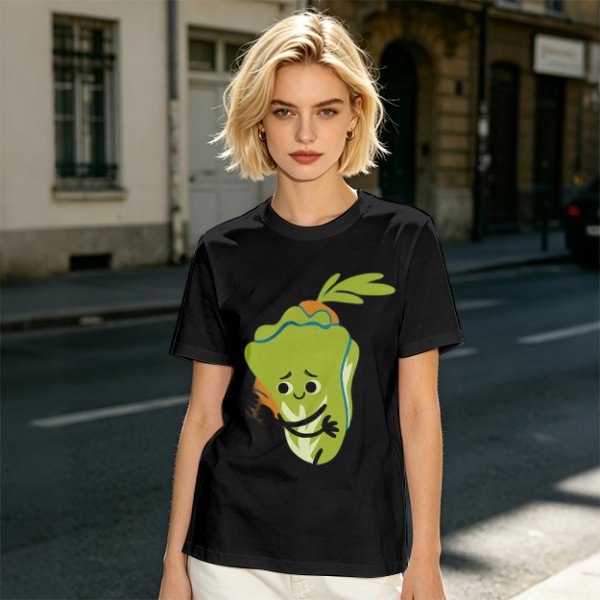 Olive Green T-Shirt With Sad Cartoon Cabbage Graphic