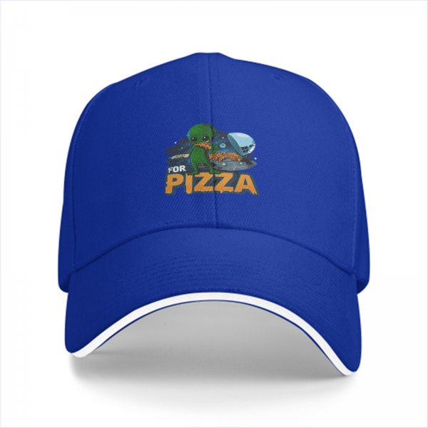 Black baseball cap with alien eating pizza and 'FOR PIZZA' text