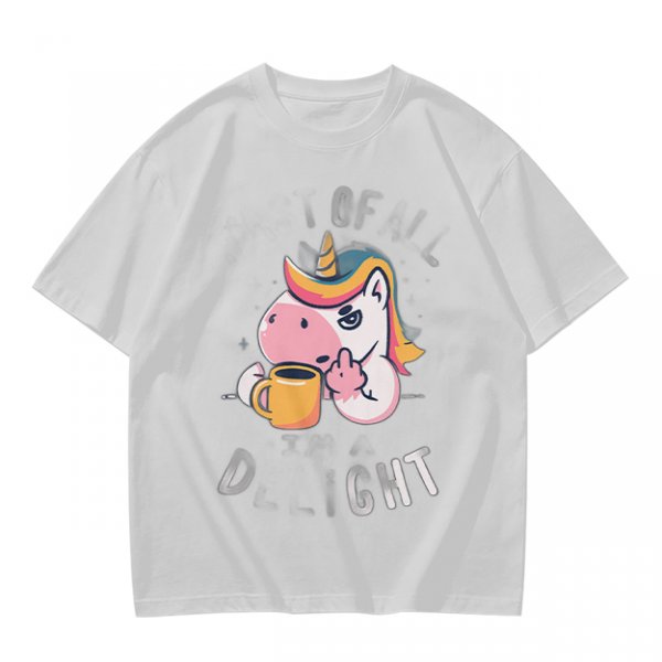 Oversized Olive T-Shirt With Sassy Unicorn Holding Coffee Print