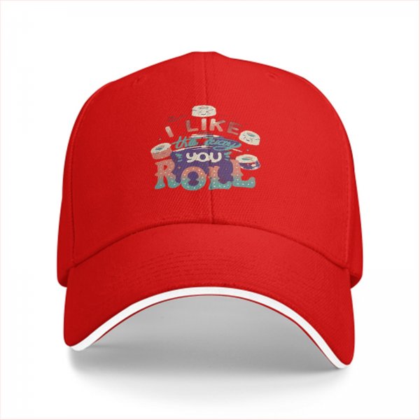 Black baseball cap with sushi graphic and 'I Like The Way You Roll' text