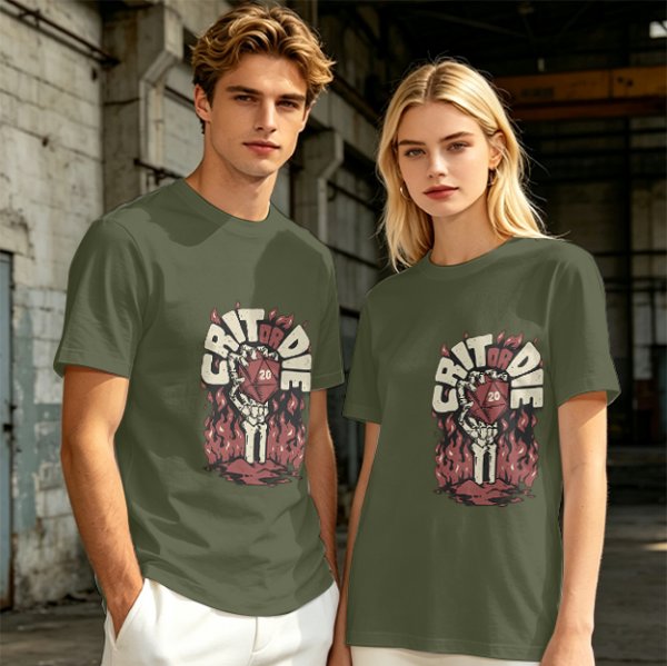 Olive Dungeons and Dragons Crit or Die Skeleton Hand D20 T-Shirt