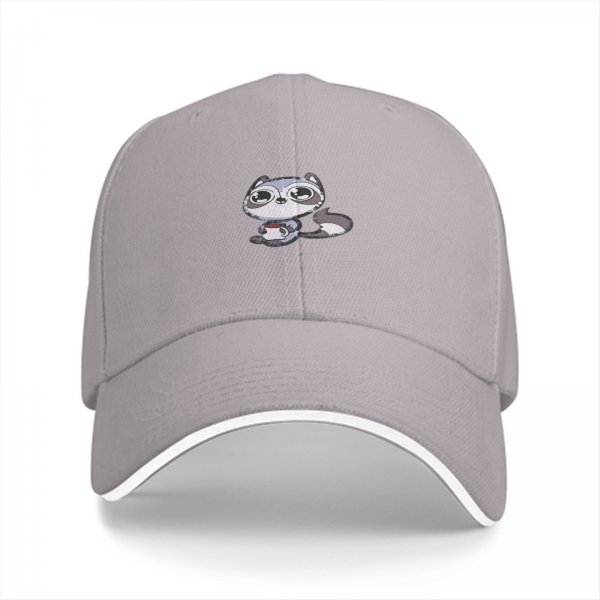 Black baseball cap with cute raccoon holding a coffee cup graphic