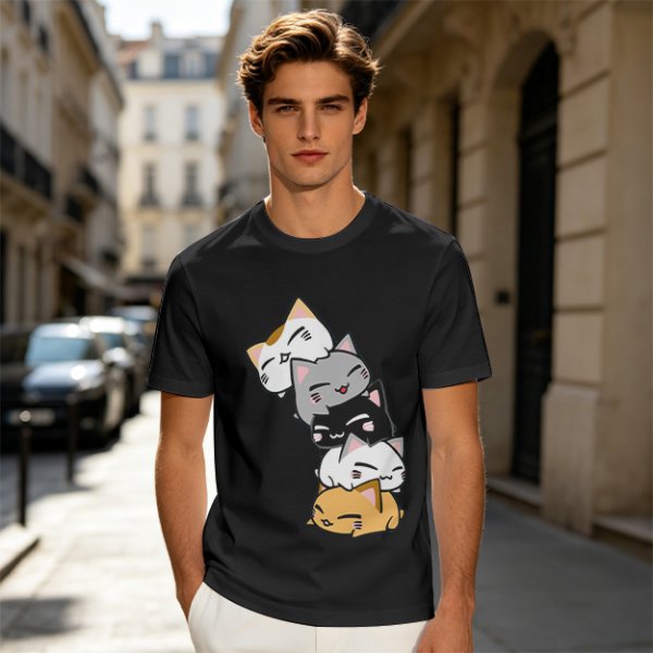 Olive T-Shirt With Stacked Cute Chibi Cats Graphic