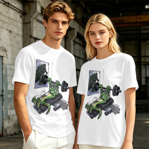 Olive T-shirt with cartoon lizard bench pressing weights in gym mirror