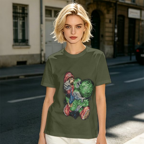 Olive T-shirt with Mario and Yoshi artistic graphic print