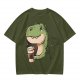 Olive T-shirt with Cute Dinosaur Holding Coffee Print