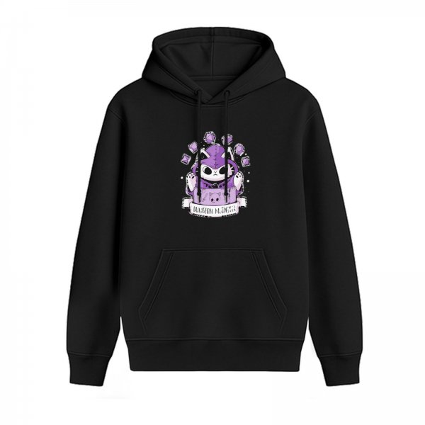 Black hoodie with purple cat wizard graphic and banner design