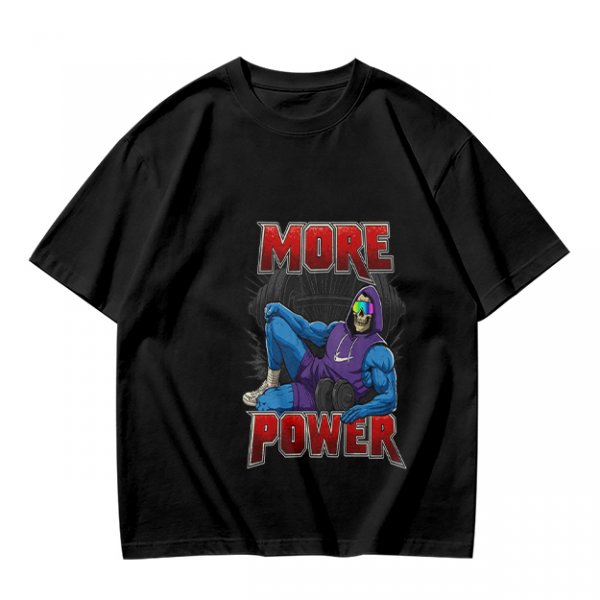 Olive Graphic T-Shirt with 'MORE POWER' and Muscular Skeleton Character