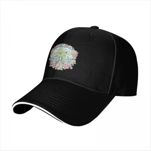 Black baseball cap with whimsical magical plant and mushroom graphic