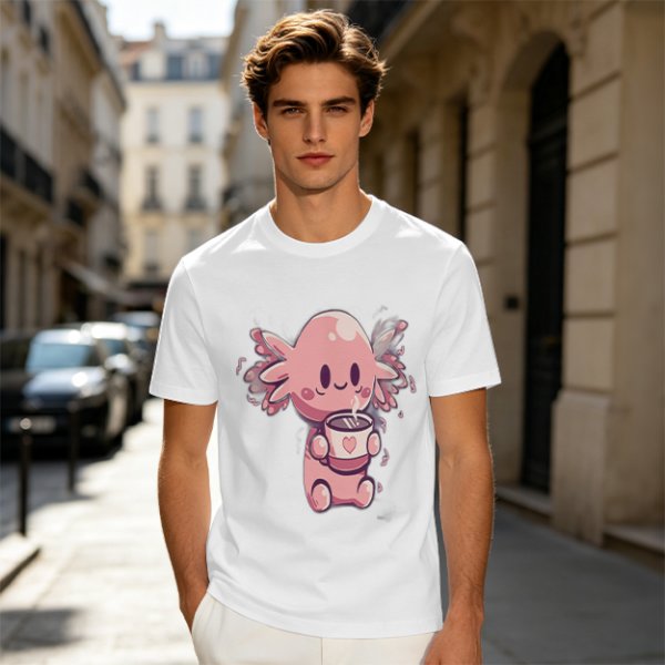Olive T-Shirt With Cute Axolotl Holding Hot Drink Print