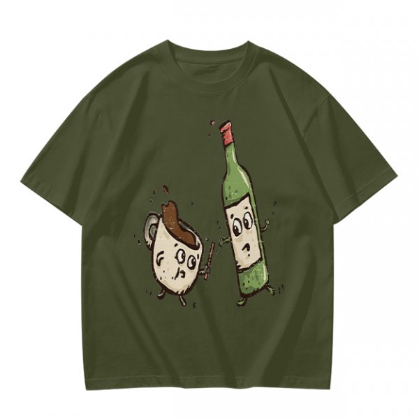 Olive T-Shirt With Cartoon Coffee Mug And Wine Bottle Print