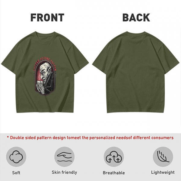 Olive T-Shirt with Vampire Coffee Before Coffin Graphic Print