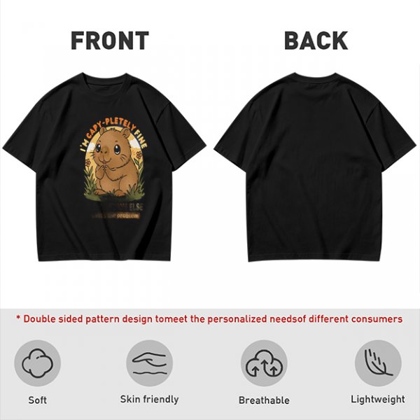 Olive t-shirt with cute capybara 'I'm capy-pletely fine' graphic