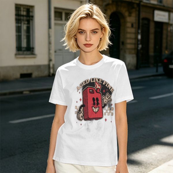 Olive T-Shirt with Retro Cartoon Gas Can 'Aged Like Fine' Print