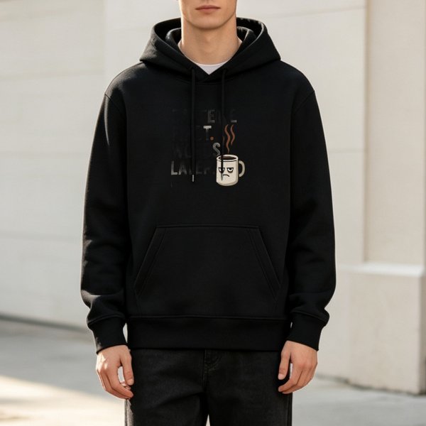 Black graphic hoodie with grumpy coffee mug print