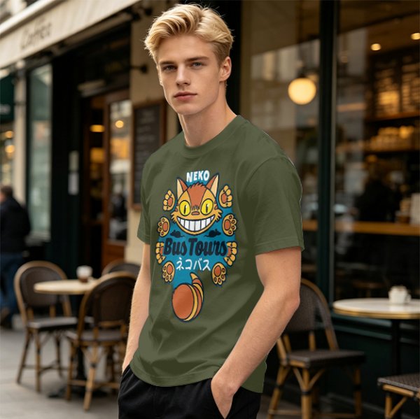 Neko Bus Tours Cat Graphic Olive T-Shirt