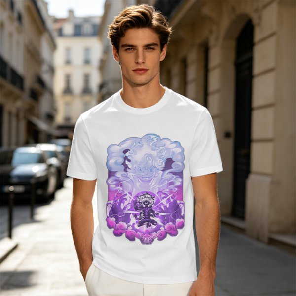 Olive T-shirt with Luffy Gear 5 Sun God Nika Anime Graphic Print
