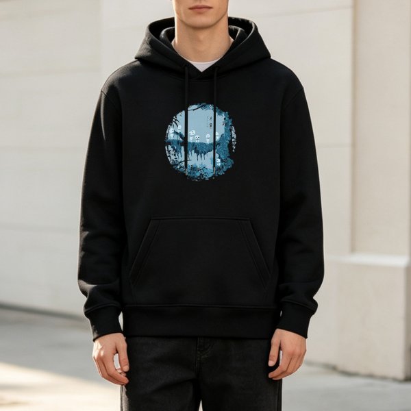 Black hoodie with forest spirit kodama graphic print