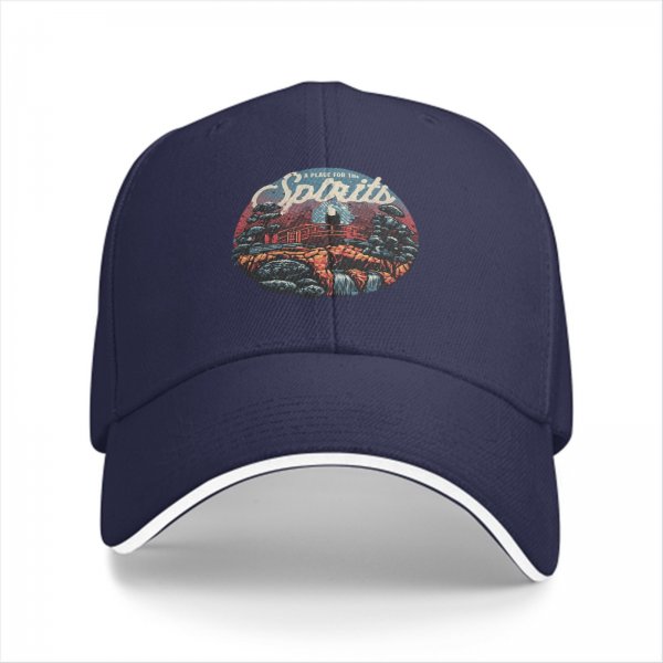 Black baseball cap with 'A Place for the Spirits' nature landscape graphic