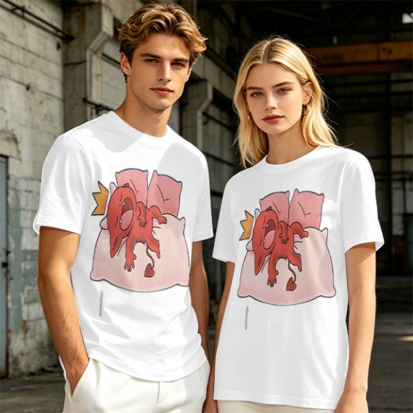 Olive T-Shirt With Cute Red Imp Yawning On Pillows Print