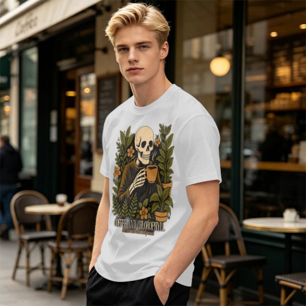 Skeleton with Coffee and Plants T-Shirt Graphic