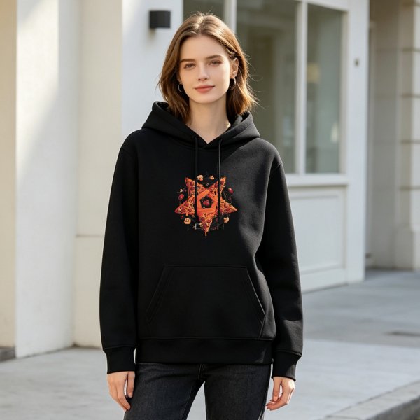 Black hoodie with pizza pentagram graphic design