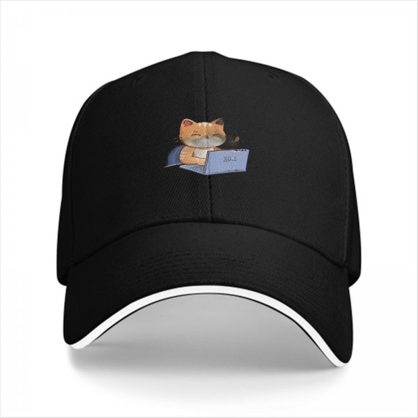 Black baseball cap with a cartoon cat working on a laptop print
