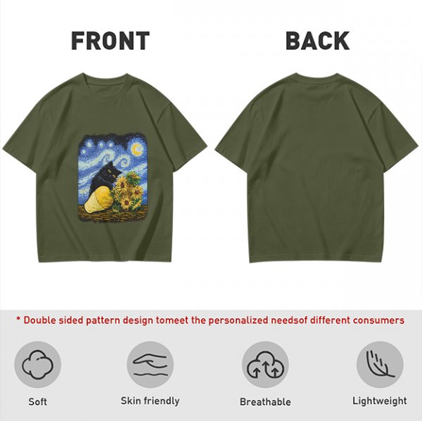 Olive T-Shirt with Starry Night Cat and Sunflowers Art Print