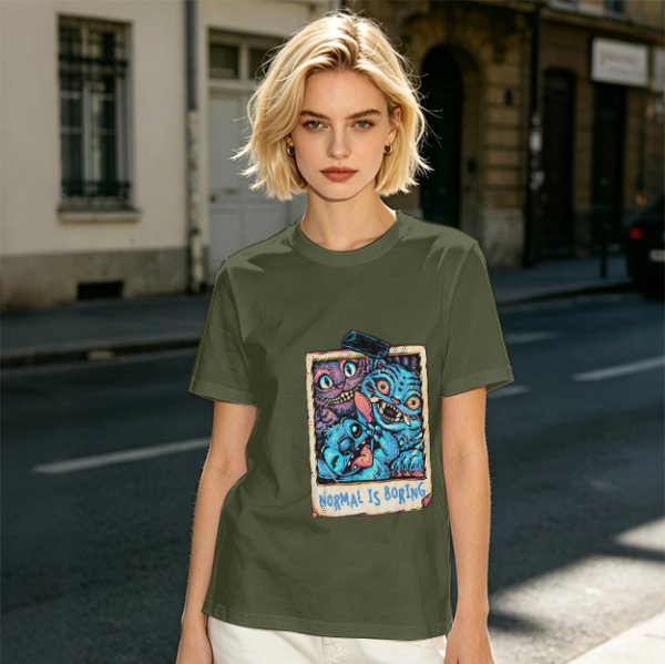 Olive t-shirt with monster polaroid print that says Normal Is Boring