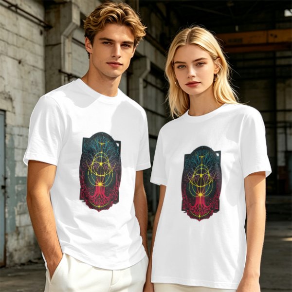 Olive Green T-Shirt With Colorful Mystical Geometric Tree Print