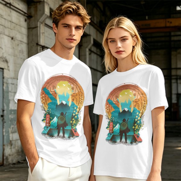 Olive Green T-Shirt With Fantasy Hero Silhouette Landscape Art