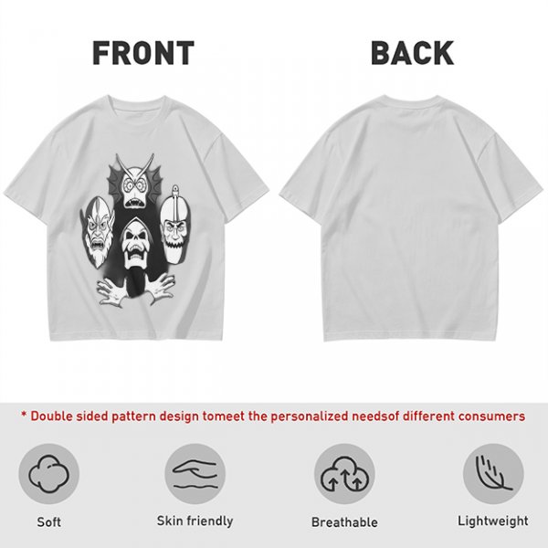 Olive T-shirt with Four Dark Fantasy Villain Heads Graphic Print