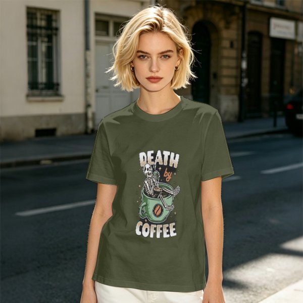 Oversized Army Green T-Shirt With 'Death By Coffee' Skeleton Print