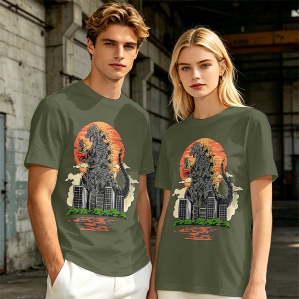 Godzilla Eating Ramen Sunset City Graphic T-Shirt